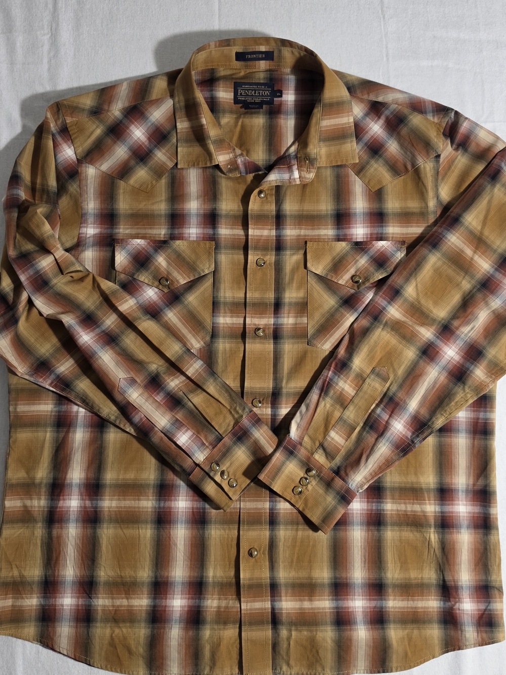 Pendleton Frontier Mens XL Pearl Snap Western Shirt Plaid Tan Brown Cotton Blend